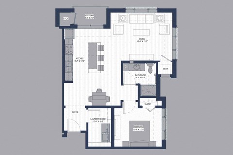 Floor plan for 1 bed, 1 bath, 865 sqft